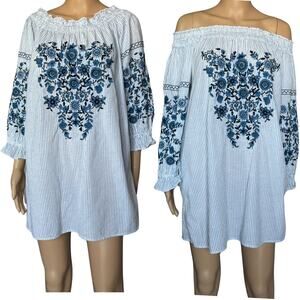 Zara Blue & White Striped Off-Shoulder Embroidered Mini Dress